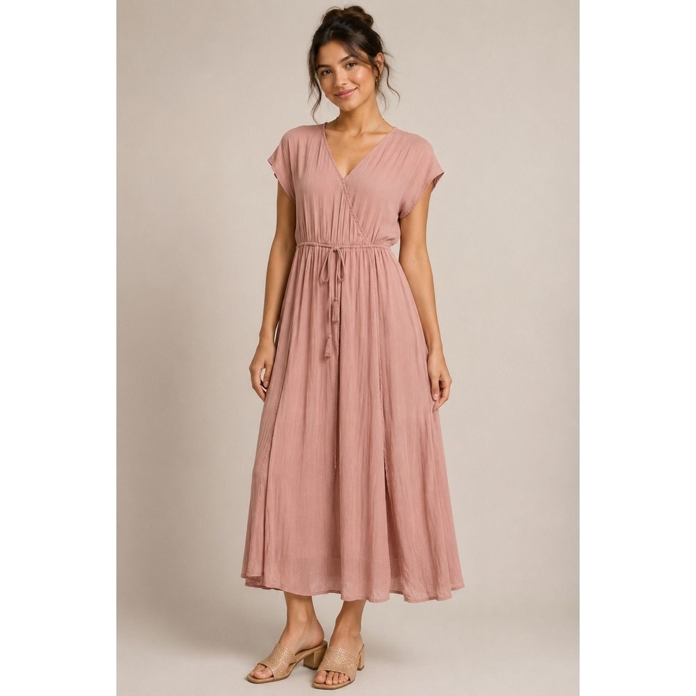 Mustard Seed Womens Dusty Rose V-Neck Tasseled Slit Maxi Dress Pink Size S